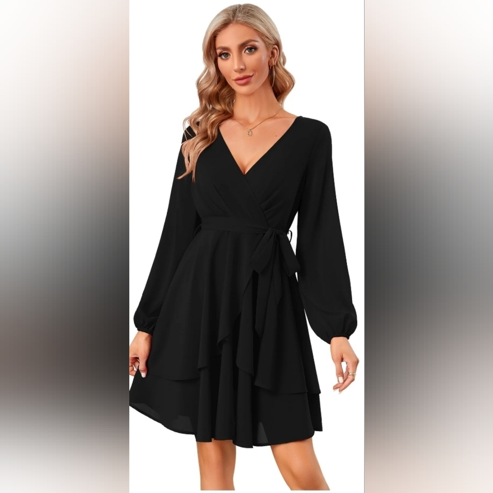 New with tags!  Womens Medium Elegant Black Wrap Flowy Tiered Long Sleeve Dress